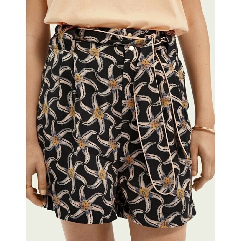 Scotch & Soda Black Starfish Sun Ray Printed Belted High Waist Shorts M Womens